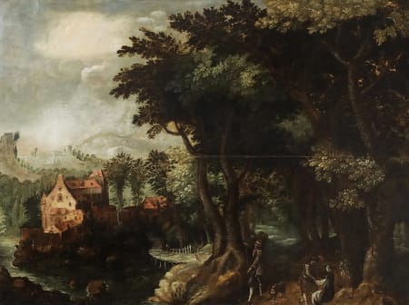 Scuola Fiamminga — Paesaggio con viandanti